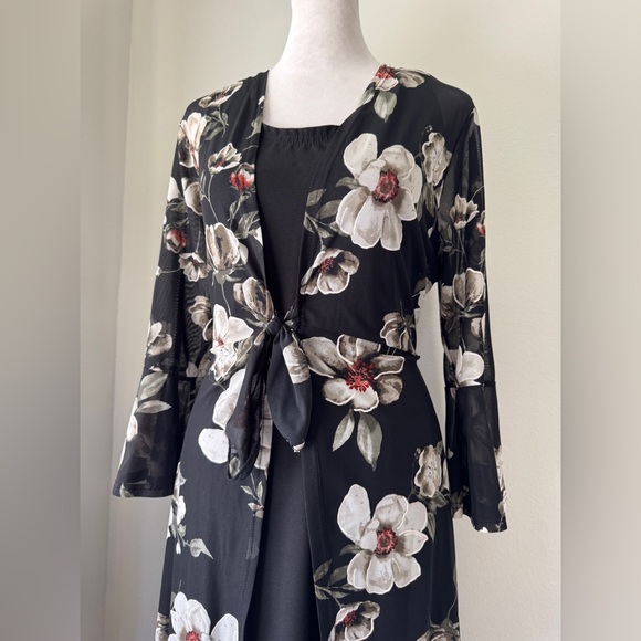 Siren Lily Black Floral Print Tie-Front Layered Long Sleeve Dress - Picture 3 of 8